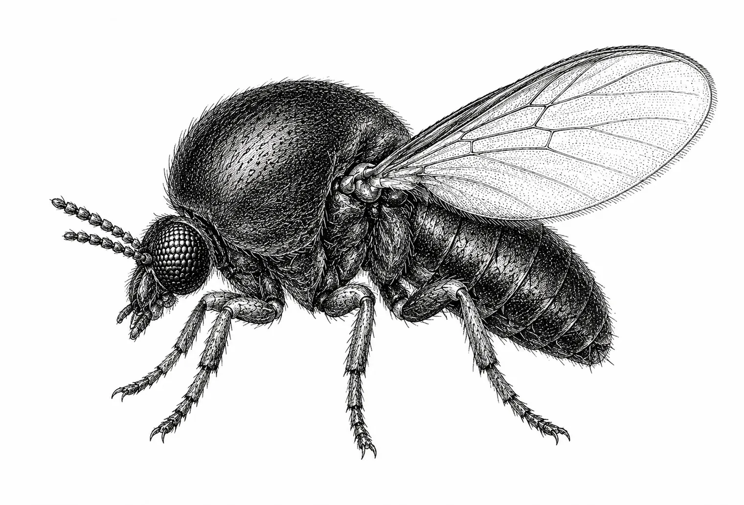 KI-generierte Naturkunde-Illustration einer Kriebelmücke im Stich-Stil